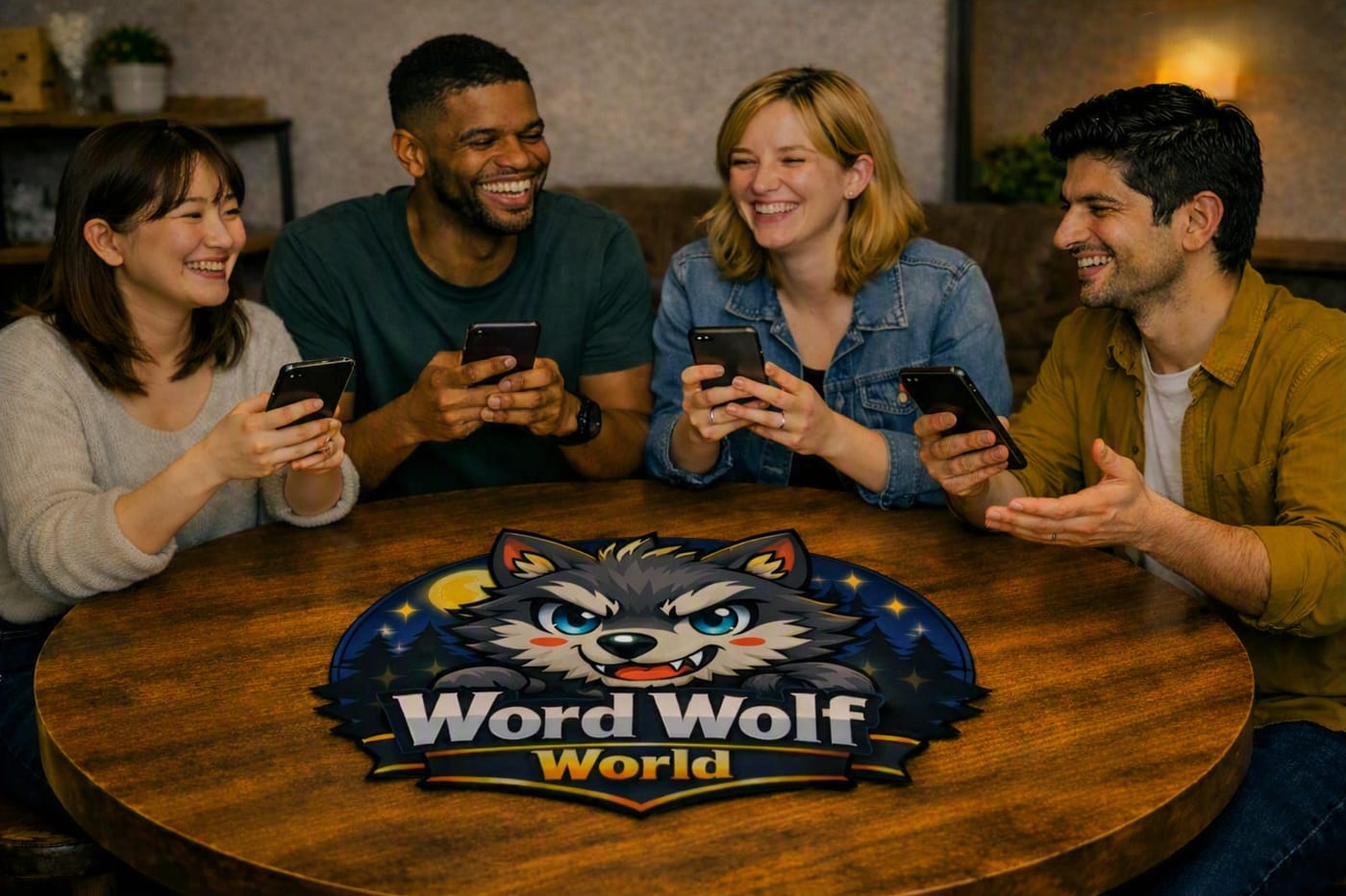 Four friends laughing together, each holding a phone, playing WordWolf World