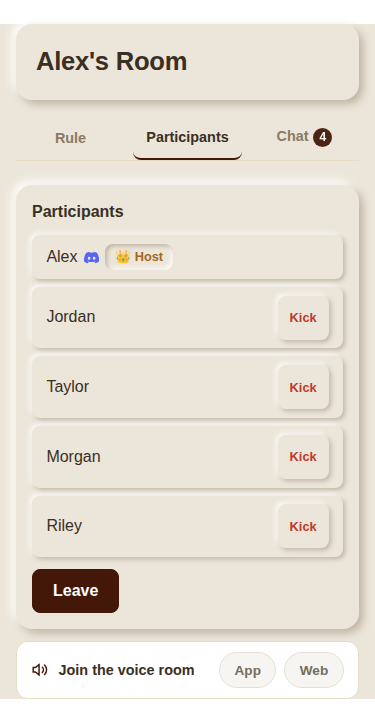 Waiting lobby (mobile, switch between participants/rules/chat with tabs)