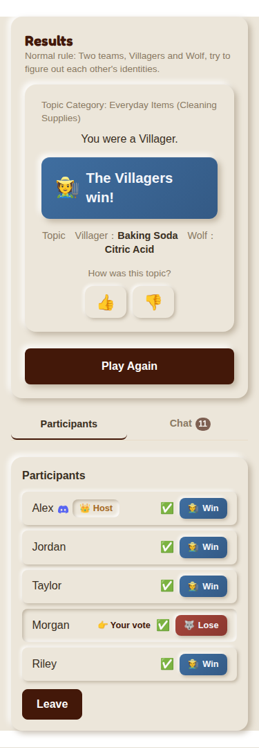 Results screen, Villagers-win example (mobile)